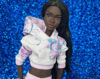 cropped hoodie in akwarel marble print for 12 inch doll, short sweatshirt in street style, 1:6 scale dollhouse decor gift