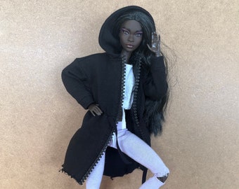 12in doll hoodie coat with belt at the waist, original 3/4 length parka in 1/6 scale, miniature jacket toys, gift for sister