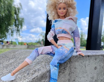 modern tracksuit for 12 inch doll, drop - crotch jogger and short hoodie doll SET, realistic look in 1:6 scale, gift for girlfriend