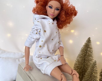 shiny gold dress for Christmas in 1:6 scale, long hoodie for cozy Holiday for 12 inch doll, playroom gift for little girl