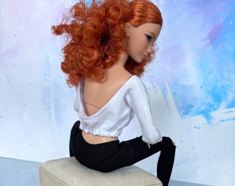 white open back top in 1:6 scale, 12 inch doll blouse with dropped shoulders, diorama miniature accessories, gift for girl