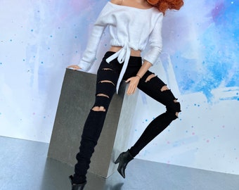 slim fit sexy leggings for 12 inch doll, skinny fit pants with knee rips in 1:6 scale, miniature doll wardrobe, gift for teenager