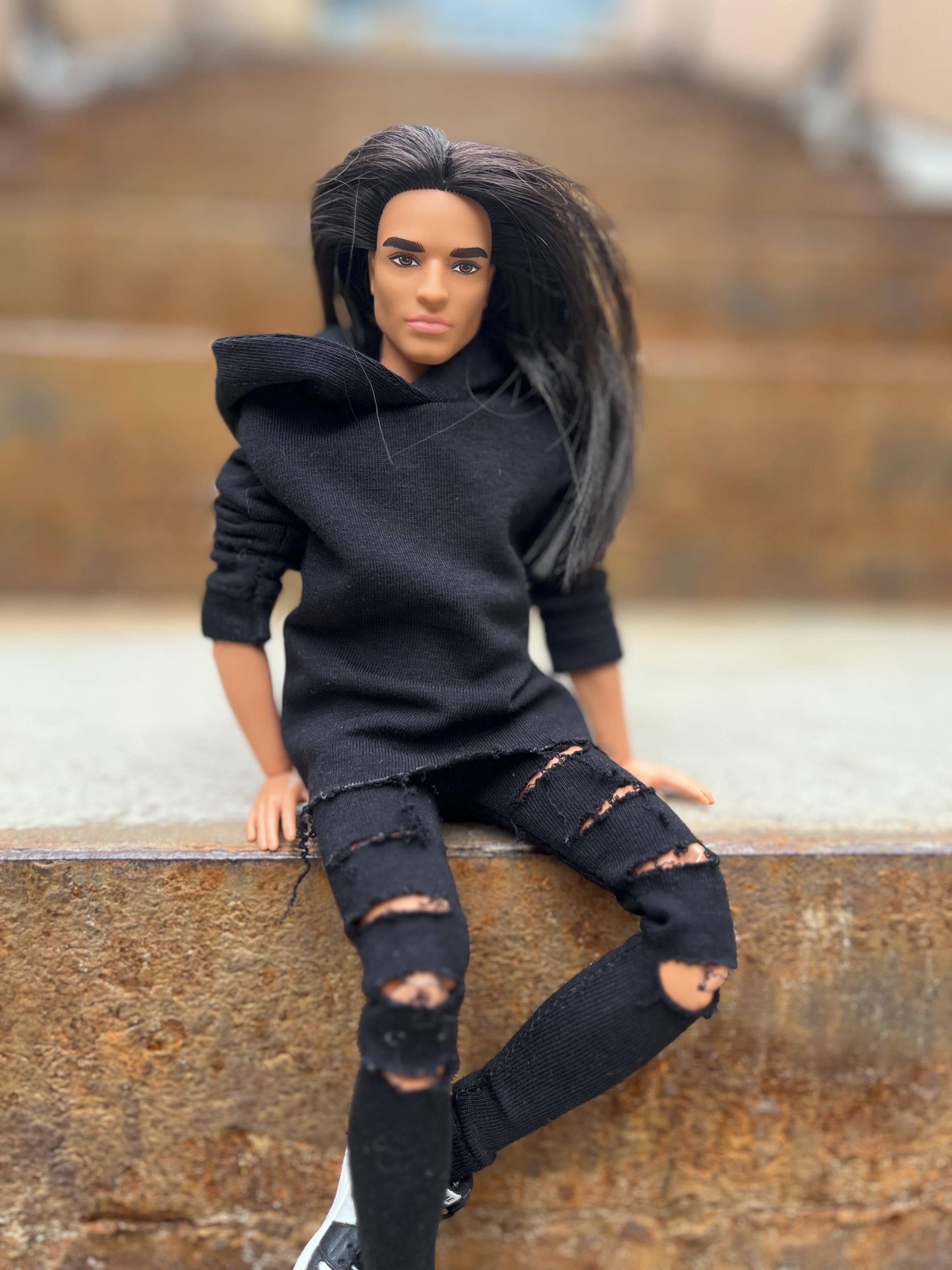 ripped hoodie for MEN doll, rock look in 1:6 scale, bad boy dolly style, gift from mum and dad