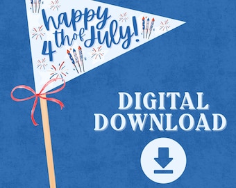 Printable 4th of July Flag, Patriotic DIY Pennant Banner, July 4 Parade Stick Flag, Digital Party Decor, USA Craft Sign, Red White Blue Flag