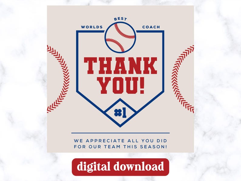 Pu&ograve; includere: Un biglietto di ringraziamento stampabile a tema baseball. Il biglietto presenta un diamante di baseball con le parole "Grazie!" in rosso e blu. Il biglietto include anche le parole "Miglior allenatore del mondo" e "#1".