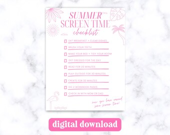Summer Screen Time Checklist Printable • Daily Chore List for Kids • Digital Download PDF, Screen Time Rules Chart, 8.5x11 Chore Chart Girly