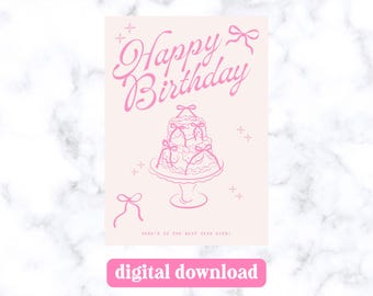 Coquette Happy Birthday Gift Tag Printable – Pink Bows & Cake – 2.5x3.5" Tags – Digital Download – Cute Birthday Favor Tags