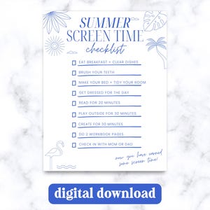 Summer Screen Time Checklist Printable • Daily Chore List for Kids • Digital Download PDF, Screen Time Rules Chart, 8.5x11 Chore Chart Boy