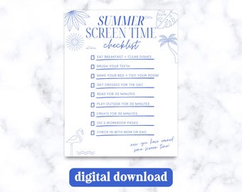 Summer Screen Time Checklist Printable • Daily Chore List for Kids • Digital Download PDF, Screen Time Rules Chart, 8.5x11 Chore Chart Boy