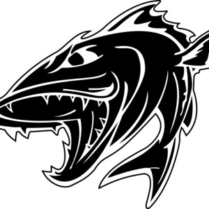 May include: A black and white illustration of a fish with an open mouth, revealing sharp teeth. The fish has a stylized design with pointed fins and a fierce expression, suitable for apparel or decor.