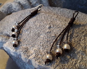 Leather and triple Pearl earrings