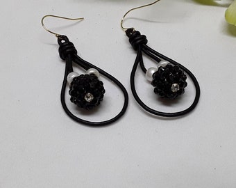 Leather hoop earrings with faceted bead and vintage rhinestones, Unique gift