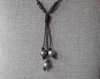 Leather and Pearl knotted chain necklace, unique jewelry, metal free