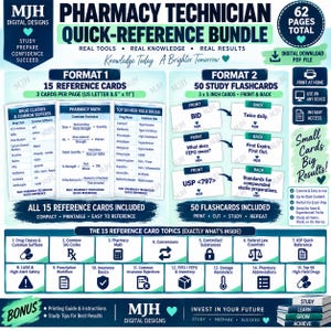 May include: A digital Pharmacy Technician Quick-Reference Bundle featuring 62 pages total. Includes 15 reference cards formatted for 8.5 inch by 11 inch paper and 50 study flashcards sized 3 by 5 inches. The design uses blue and white text.