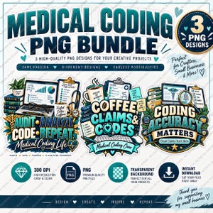 Könnte beinhalten: Ein digitales Paket mit drei medizinischen Kodierungsdesigns mit türkisfarbenem und marineblauem Text. Die Grafiken enthalten Laptops, Zwischenablagen, Kaffeetassen, Stethoskope und Lupen mit Phrasen wie Audit Code Repeat, Coffee Claims & Codes und Coding Accuracy Matters.