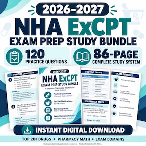 Può includere: Un pacchetto di studio per la preparazione all'esame NHA ExCPT 2026-2027 con 120 domande di pratica e un sistema di studio di 86 pagine. Il download digitale include sezioni sui 200 farmaci principali, matematica farmaceutica e domini d'esame.