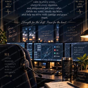 Op de afbeelding: Een digitale afbeelding met het Dispatcher's Prayer in gouden tekst op een donkere achtergrond. Het toont een werkplek met computermonitoren, een headset, een zwarte beker met tekst en een notitieblok met de woorden Same Calls Brighter Tomorrows.