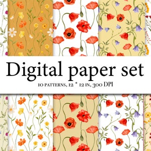 Papier numérique esthétique fleurs sauvages, aquarelle de fleurs des prés, papier numérique petite floraison, motifs sans couture, lot de papiers aquarelle 003