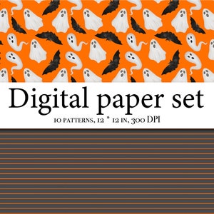 May include: A digital paper set with 10 patterns featuring a repeating pattern of white ghosts and black bats on an orange background. The text "Digital paper set" and "10 patterns, 12 * 12 in, 300 DPI" is displayed on a white banner.