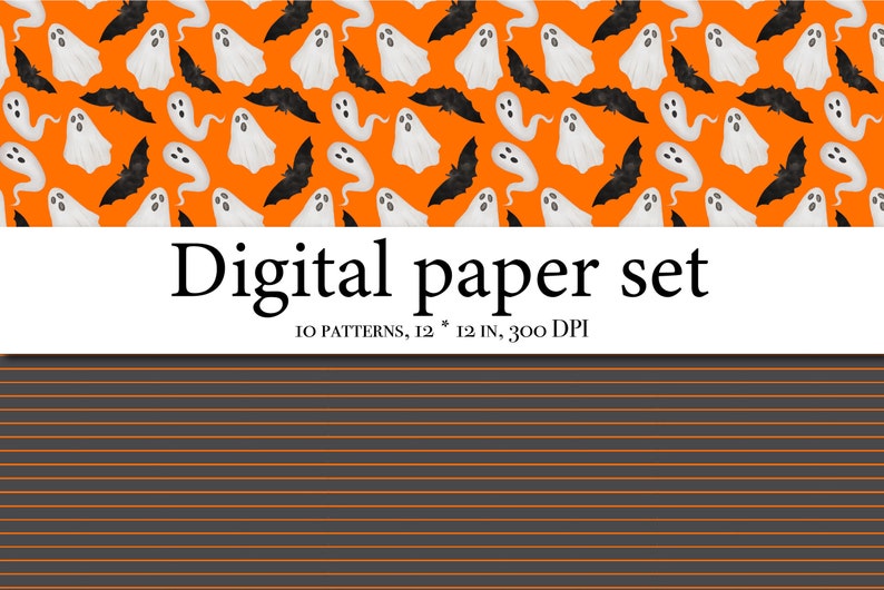 May include: A digital paper set with 10 patterns featuring a repeating pattern of white ghosts and black bats on an orange background. The text "Digital paper set" and "10 patterns, 12 * 12 in, 300 DPI" is displayed on a white banner.