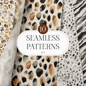 May include: A collection of ten seamless patterns in various animal print designs. The patterns include leopard spots in brown, black, and tan, and zebra stripes in gray and white. The image also includes the text "10 Seamless Patterns JPG".
