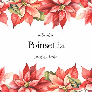Christmas Clipart Watercolor - Christmas Seamless Border - Watercolor Poinsettia - Winter Berries Wreath
