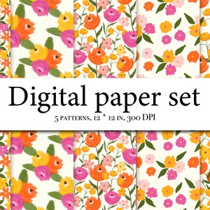K&ouml;nnte beinhalten: Ein Set aus f&uuml;nf digitalen Papiermustern mit floralen Designs in Rosa-, Orange- und Gelbt&ouml;nen auf wei&szlig;em Hintergrund. Der Text "Digital paper set" und "5 patterns, 12 * 12 in, 300 DPI" wird unter den Mustern angezeigt.