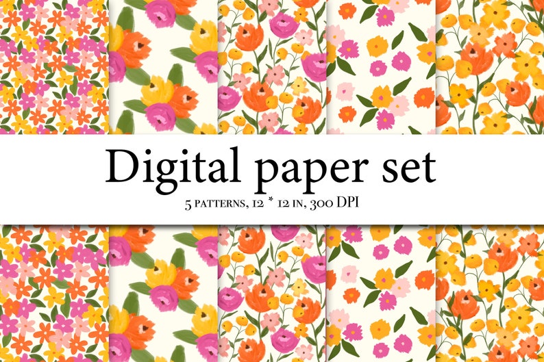 K&ouml;nnte beinhalten: Ein Set aus f&uuml;nf digitalen Papiermustern mit floralen Designs in Rosa-, Orange- und Gelbt&ouml;nen auf wei&szlig;em Hintergrund. Der Text "Digital paper set" und "5 patterns, 12 * 12 in, 300 DPI" wird unter den Mustern angezeigt.