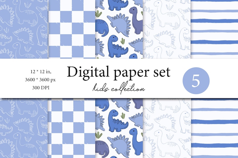 Pu&ograve; includere: Un set di cinque carte digitali con un motivo di dinosauro blu e bianco. Le carte misurano 30,48 cm per 30,48 cm e 300 DPI.