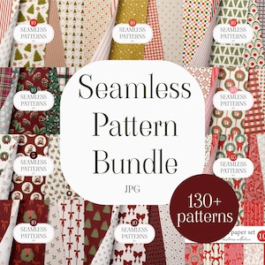 May include: A digital collection of 130+ seamless patterns featuring Christmas themes including pine trees, pinecones, wreaths, bows, and geometric shapes in red, green, white, and gold. The text reads Seamless Pattern Bundle JPG and 130+ patterns.