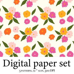 K&ouml;nnte beinhalten: Ein digitales Papierset mit f&uuml;nf Mustern, die ein florales Design mit rosa, orangefarbenen und gelben Blumen auf wei&szlig;em Hintergrund zeigen. Der Text "Digital paper set" und "5 patterns, 12 * 12 in, 300 DPI" befindet sich am unteren Rand des Bildes.