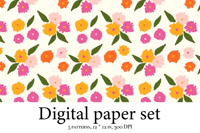 K&ouml;nnte beinhalten: Ein digitales Papierset mit f&uuml;nf Mustern, die ein florales Design mit rosa, orangefarbenen und gelben Blumen auf wei&szlig;em Hintergrund zeigen. Der Text "Digital paper set" und "5 patterns, 12 * 12 in, 300 DPI" befindet sich am unteren Rand des Bildes.