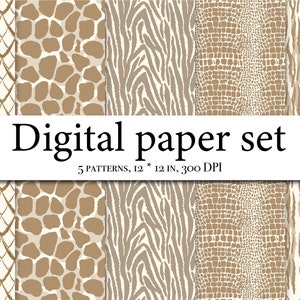 Papier numérique neutre à imprimé animal, motifs de peau d'animal sans couture avec rayures de tigre et taches de guépard, taches de girafe, impression tendance animalière.