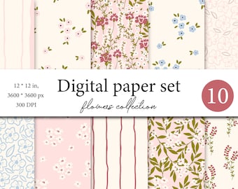 10 fiori di carta digitale senza soluzione di continuità, carta per album di fiori, sfondi Boho, carta digitale per uso commerciale, motivi botanici, Boho carino