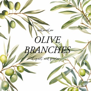 Green Olive Branches Watercolor Graphic Elements, Olive Branch Clipart, Olive Leaf Clipart, Watercolor Olive Wreaths, Olive Border