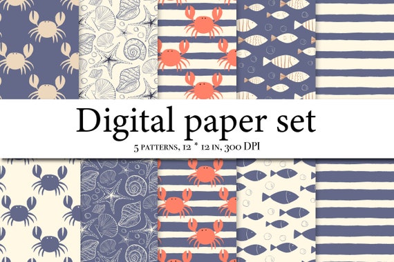 Sea Digital Paper-Underwater Ocean - Crab Digital Paper - Lighthouse - Seamless Surface Patterns - Fabric design - Scrapbook paper