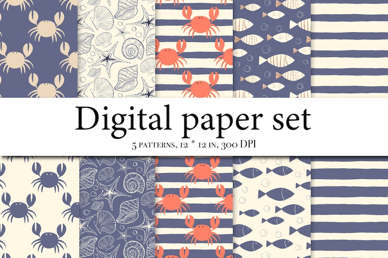 May include: Set of five digital paper patterns featuring nautical themes. The patterns include crabs, seashells, starfish, fish, and stripes in shades of blue, beige, and coral.
