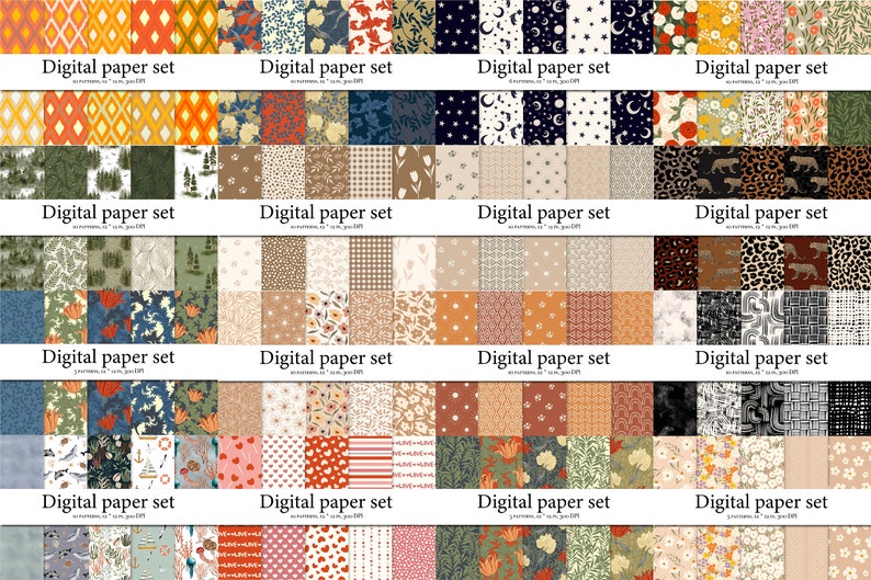 May include: A set of 48 digital paper patterns featuring various designs, including floral, geometric, and abstract patterns. The patterns are in a variety of colors, including red, blue, green, yellow, and brown.