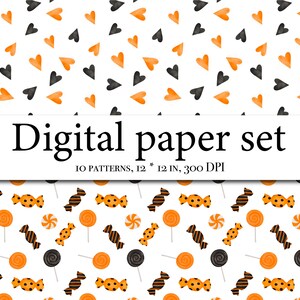 May include: A digital paper set with 10 patterns featuring Halloween-themed candy and hearts. The patterns are 12 inches by 12 inches and 300 DPI.