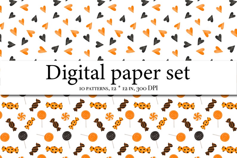 May include: A digital paper set with 10 patterns featuring Halloween-themed candy and hearts. The patterns are 12 inches by 12 inches and 300 DPI.