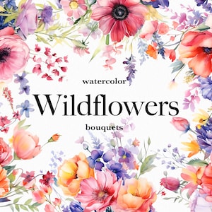 Aquarell Blumen Clipart - Aquarell Wildblumen Bouquets png - Helle Aquarell Blumen png für Einladungen - Digital Clipart png