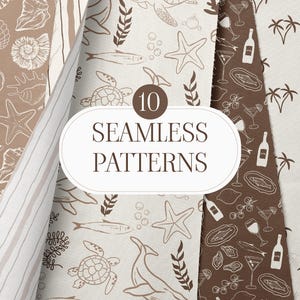 Coastal Beach Seamless Pattern Bundle – Nautical Digital Papers, Ocean Summer Sea Shell Clipart, Tropical Palm Tree Backgrounds