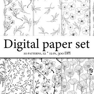 Clipart modello - Carta digitale floreale Boho – Motivo floreale Line Art – Modelli di papaveri – Sfondi per album – Carte stampabili botaniche