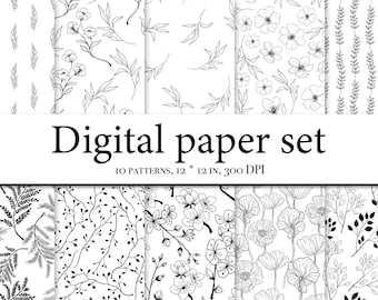 Pattern clipart -Floral Boho Digital Paper – Flower Line Art Pattern – Poppies Patterns – Scrapbook Backgrounds – Botanical Printable Papers