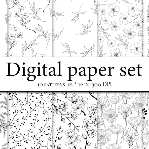Pattern clipart -Floral Boho Digital Paper – Flower Line Art Pattern – Poppies Patterns – Scrapbook Backgrounds – Botanical Printable Papers