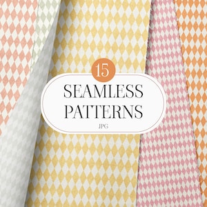 Puede incluir: Una colección de quince patrones sin costuras que presentan un diseño repetitivo de diamantes tipo arlequín en varios colores pastel, incluyendo melocotón, amarillo, rosa y naranja, con una etiqueta blanca central que muestra el texto 15 SEAMLESS PATTERNS JPG.