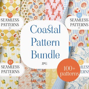 100+ Coastal Seamless Patterns Bundle, Nautical Digital Paper JPG, Beach, Seashell, Lobster, Lemon & Ocean Prints, Summer Scrapbook