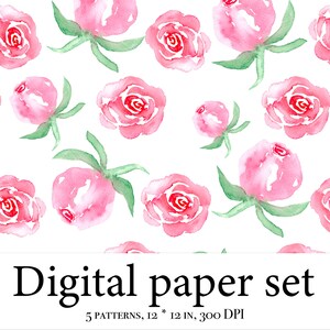 Watercolor Digital Paper Pack, Pink Roses Scrapbook, Roses Seamless ...
