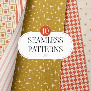 May include: A collection of 10 seamless patterns in various designs. The patterns include starbursts, geometric shapes, and stripes in gold, red, and cream colors. The image also includes the text "10 SEAMLESS PATTERNS JPG".