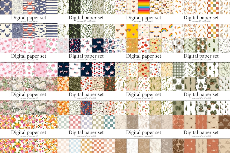 May include: A digital paper set with 36 different patterns. The patterns include floral, geometric, and abstract designs. The patterns are in a variety of colors, including red, blue, green, yellow, and white.